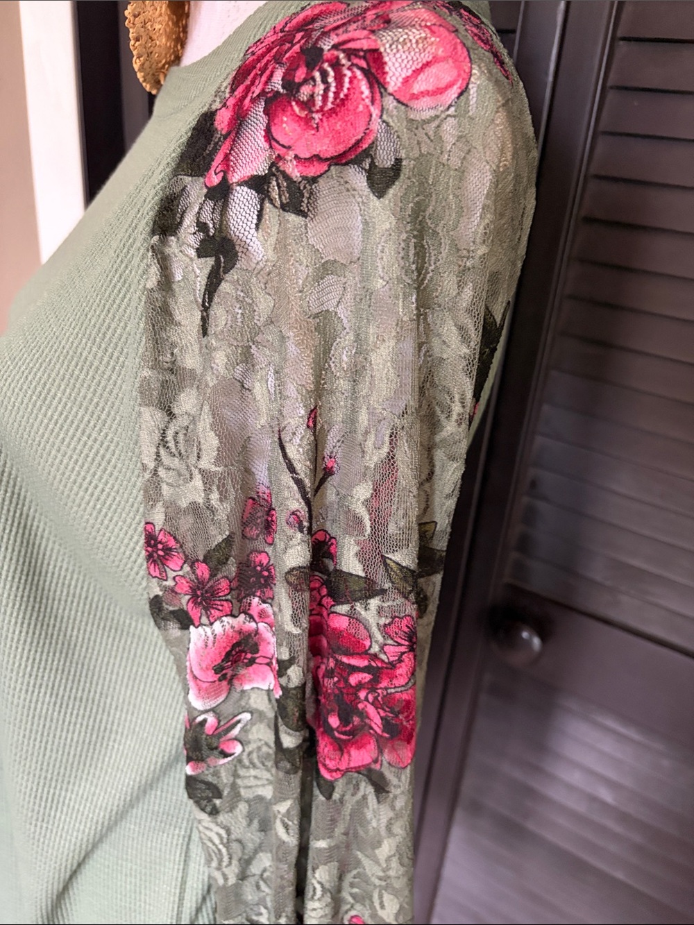 Boutique Waffle Knit Raglan Top with Floral Lace Sleeves - Sage Green